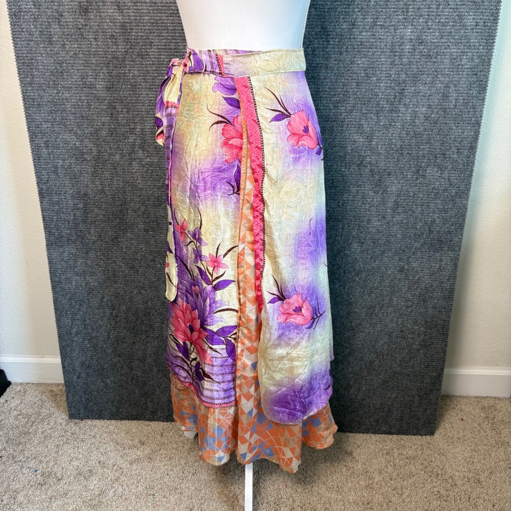 Maple Clothing Silk Blend Wrap Maxi Skirt Floral Boho Festival Purple One Size